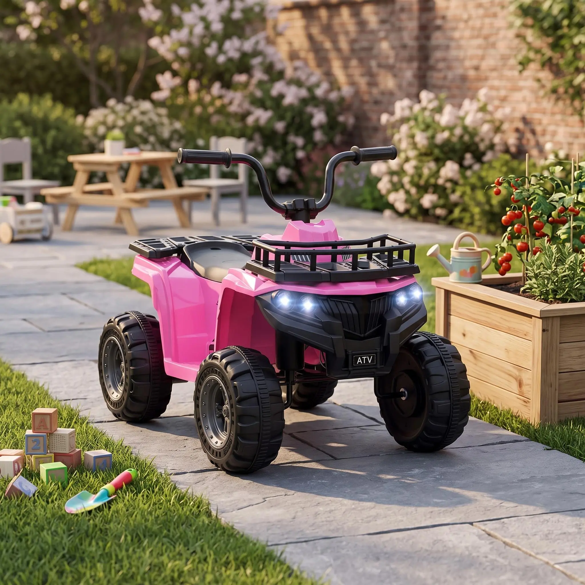 【IdealHouse】12V Kids Electric Ride On ATV Quad, High and Low Speed Modes, Rugged Treaded Tires, Comfort Rubber Handles, LED Lights, Realistic Design, Outdoor Battery Powered Ride On Toy, Ideal Gift for Boys and Girls, Four Wheeler