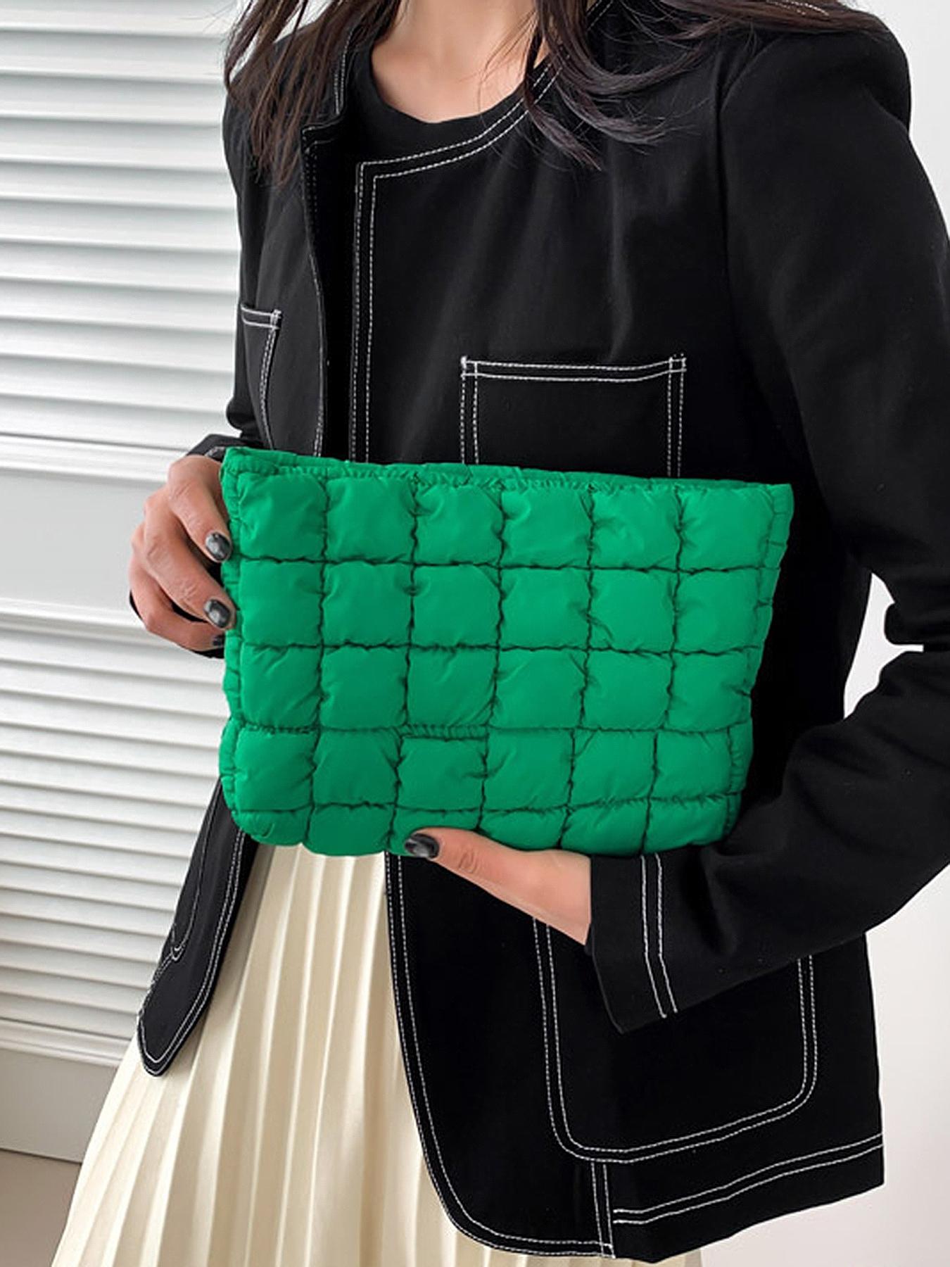 Solid color quilted design clutch bag, large capacity zipper travel storage bag, women's portable travel storage bag, back to school season, suitable for daily commuting and travel, school portable bag, Quilted Purse