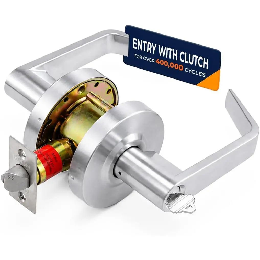 Heavy-Duty Entry with Clutch Function Commercial Lever Door Lock | ADA & Grade 2 Industrial Door Handle, Cylindrical Lever, Non-Handed, Satin Chrome (US26D)