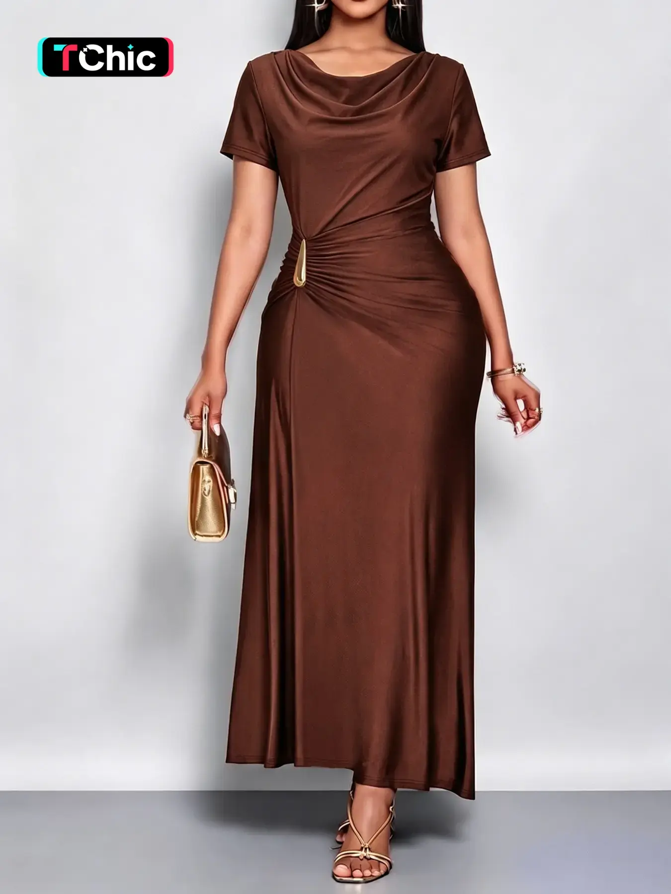 Elegant Chic Camel Color Long Bodycon Dress, Short Sleeve, Cowl Neck, Plain Pattern, Soft Elastic Polyester Fabric, Side Metal Buckle, Perfect for Office, Dinner, Date, Photo Shoot, Formal