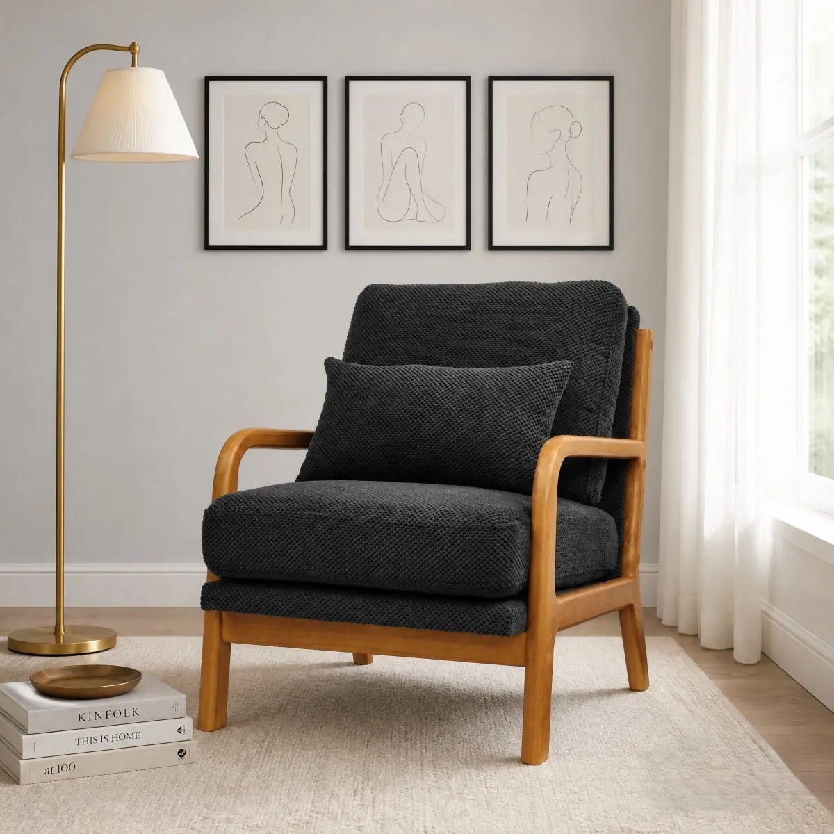 Mid Century Modern Accent Chair with Solid Wood Armrests, Upholstered Lounge Chair with High Density Foam Cushion, Comfy Reading Chair for Living Room Bedroom Office, Small Space Armchair, Dark Gray