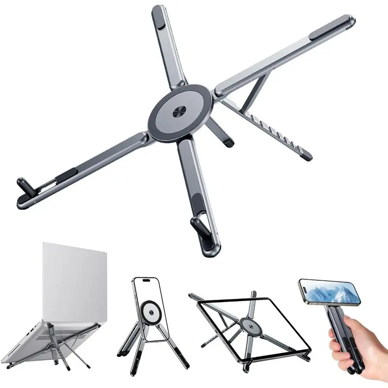 3-in-1 Magnetic Phone Laptop Stand for Desk, 8-Level Height Adjustable Aluminum Alloy Computer Riser, Foldable Portable MagSafe Phone Holder for Laptop Tablet iPhone