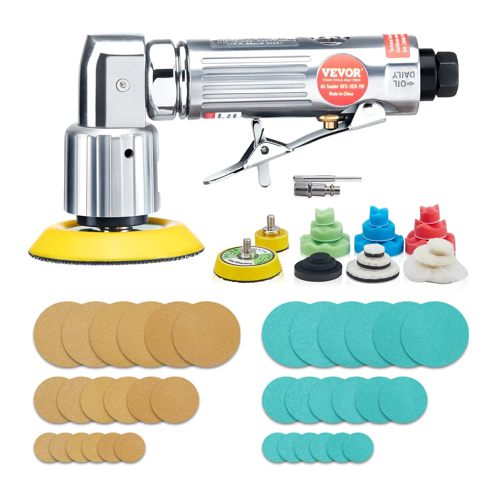 【DealsForYouDays】VEVOR 1/2/3 Inch Random Orbital Air Sander, High-Speed 15000RPM Mini Pneumatic Sander for Auto Body Work, 58PCS Air Powered Sander Kit with Sandpapers, Wool Pad, Wavy Sponges