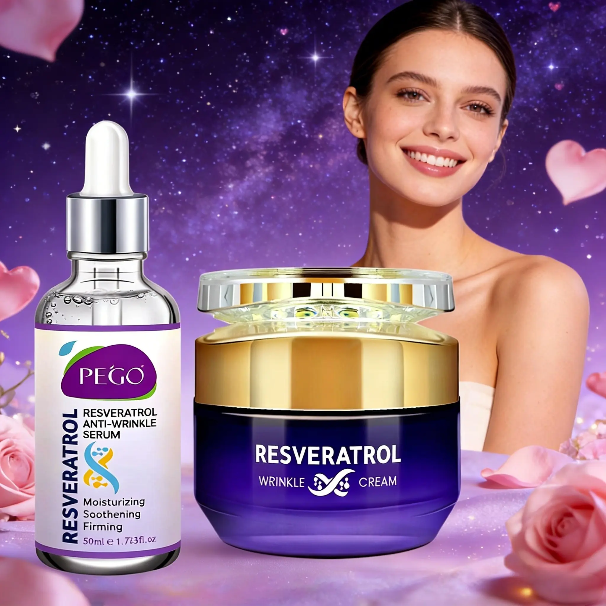 2pcs Resveratrol Essence Cream Set, Moisturizing Revitalizing Set, Skin Firming & Brightening Kit, Contains Ceramide, Collagen, Hyaluronic Acid, Non-Greasy Facial Care