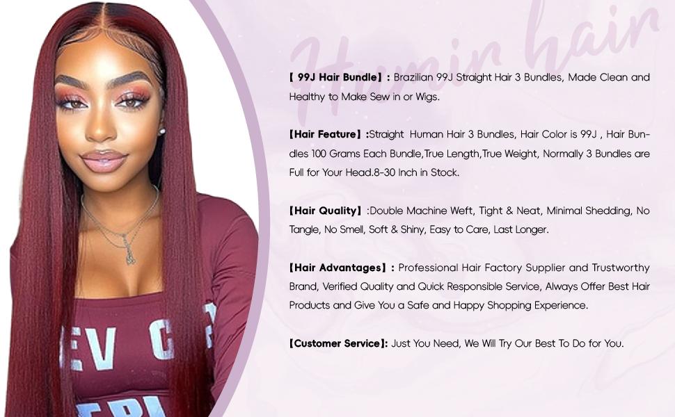 99J Straight Human Hair Bundles 100% Remy Hair Extensions Burgundy Straight Hair Bundles Sew-In Weaving Double Weft Brazilian Soft and Silky Colored Hair Bundles
