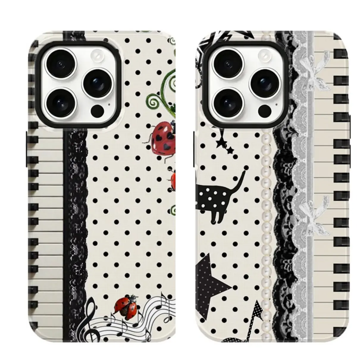Vintage Coquette Music Phone Case Piano Keyboard Lace Polka Dot Ladybug Star Print Shockproof Clear Cover Compatible for iPhone 17 Promax 16 15 14 13 12 11 and for Samsung S22 S23 S24 S25 S26 Ultra Best Gift for Her Him