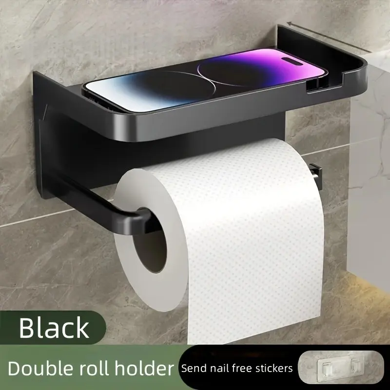 Wall-mounted toilet paper holder with shelves, dual-use bathroom accessories, tissue box dispenser with storage drawers, suitable for home and hotel use