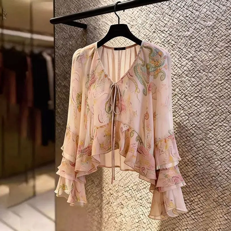 Women's 2026 Summer French Luxury Paisley Print Chiffon Blouse -V-Neck Front Tie Pullover, Layered Flare Long Sleeve Irregular Spliced Loose Cropped,Feminine Adjustable Lightweight Polyester Top (Pairs with Linen Skirts, Slip Styles), Asymmetrical outfits