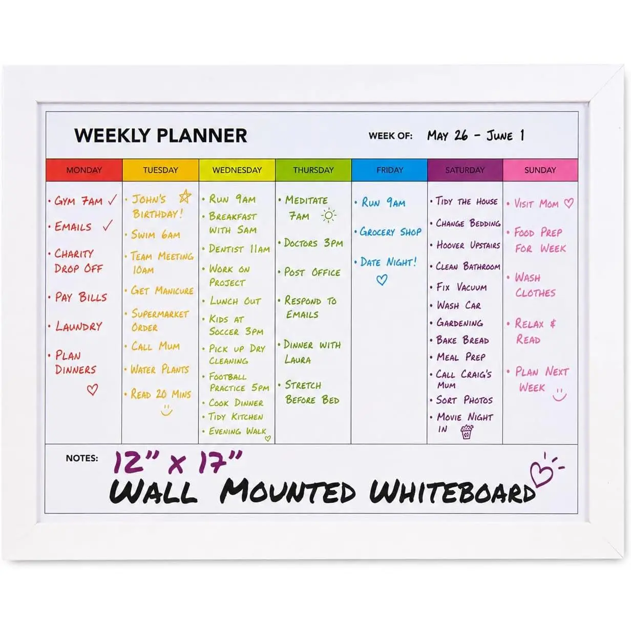 Weekly Dry Erase Board for Wall [17in x 12in] Weekly Whiteboard Planner and  Calendar - Days of The Week White Board for Schedule, Daily Meal Planner - Includes Full Mounting Kit