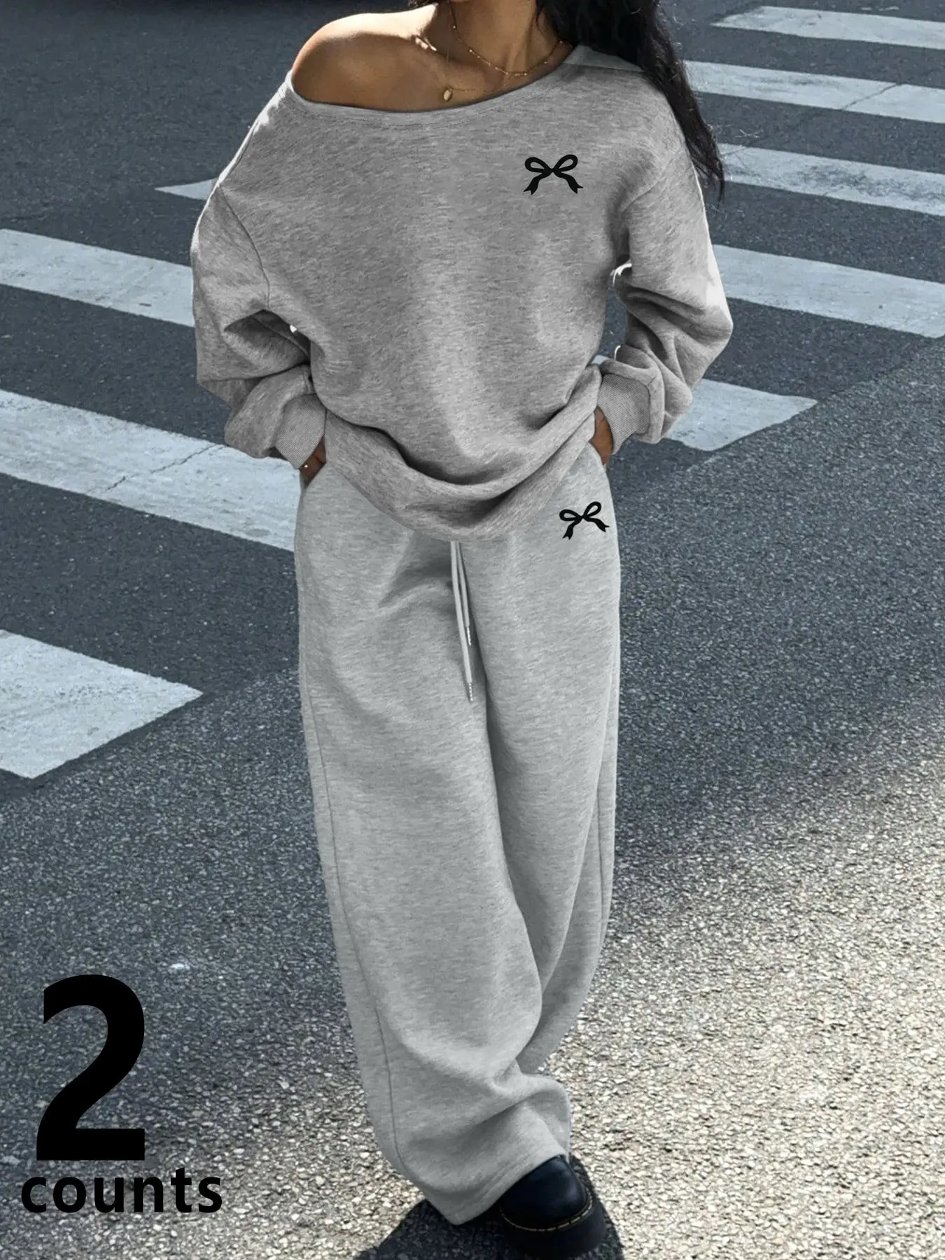 Women's Grey Bow Print One Shoulder Asymmetrical Sweatshirt & Casual Sweatpants 2 Piece Set, Lazy Street Relaxed Outfit For Daily Going Out & Loungewear