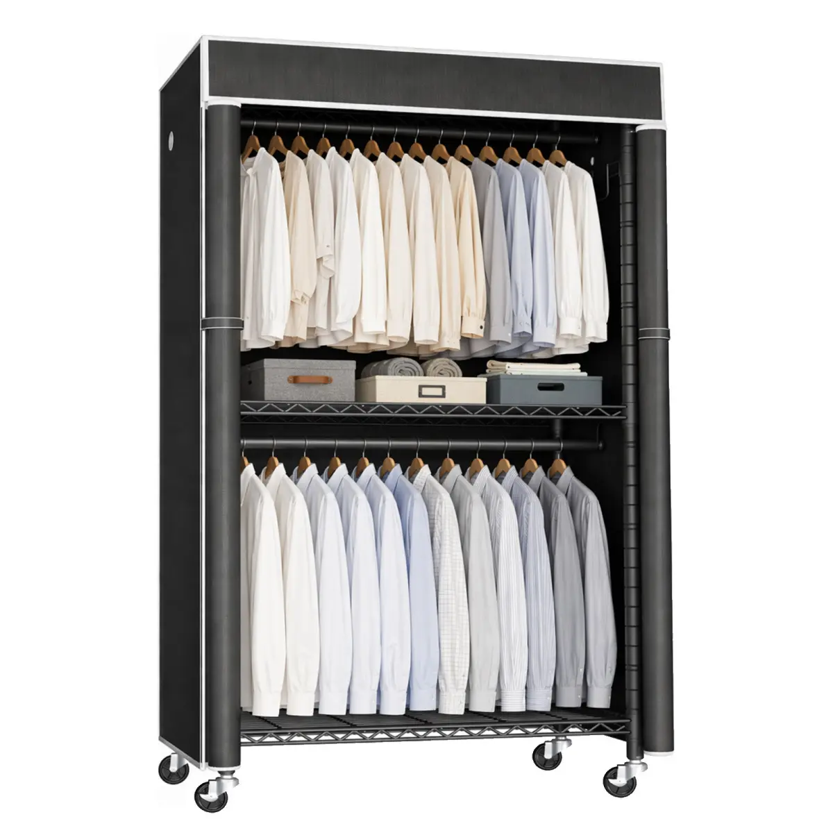 Freestanding Garment Rack with Dust Cover, Single Hanging Rod Metal Clothes Closet with Storage Shelf, Side Hooks & Rolling Wheels, Portable Clothing Wardrobe Organizer for Bedroom Storage Wheeled Closet Organizer Portable Closet Racks