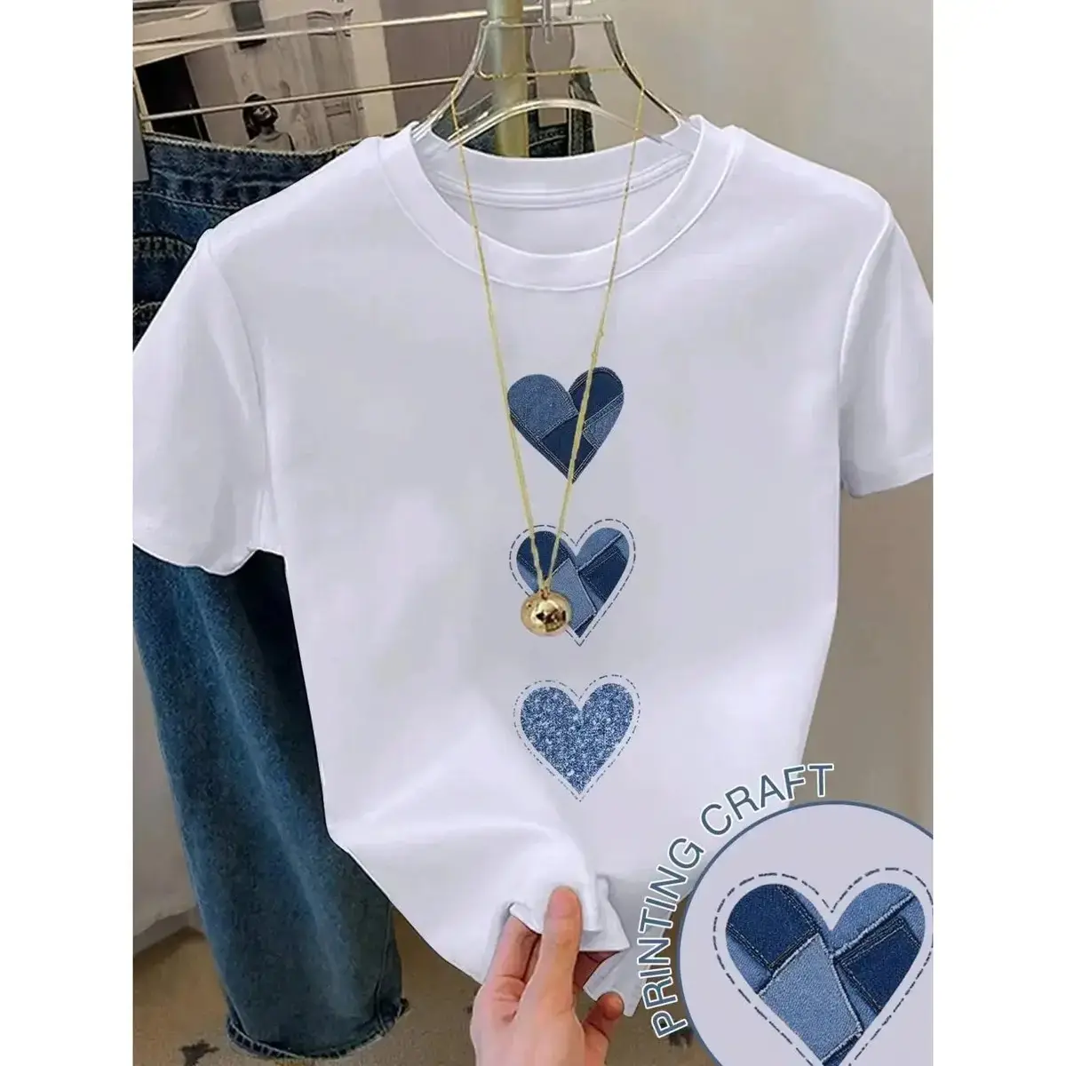Women's Unisex Loose-Fit Round Neck Printed Hearts Cotton T-Shirt, Short Sleeve Retro Streetwear Top, Cold Wash Clothes for Women (Sports & Outdoor Sports Top)