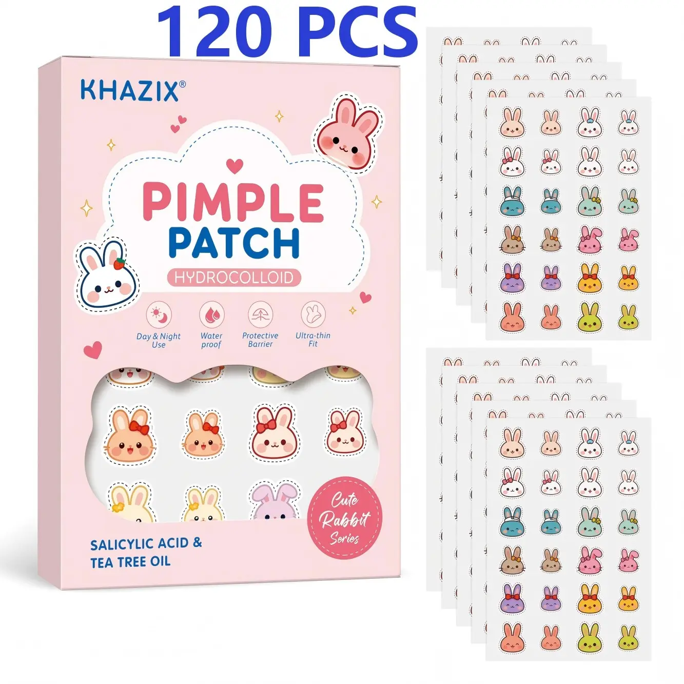 Cute Rabbit Pimple Patches (120 Pcs), Hydrocolloid Acne Absorbing Stickers, Fast-Acting Blemish Spot Cover, Makeup-Friendly