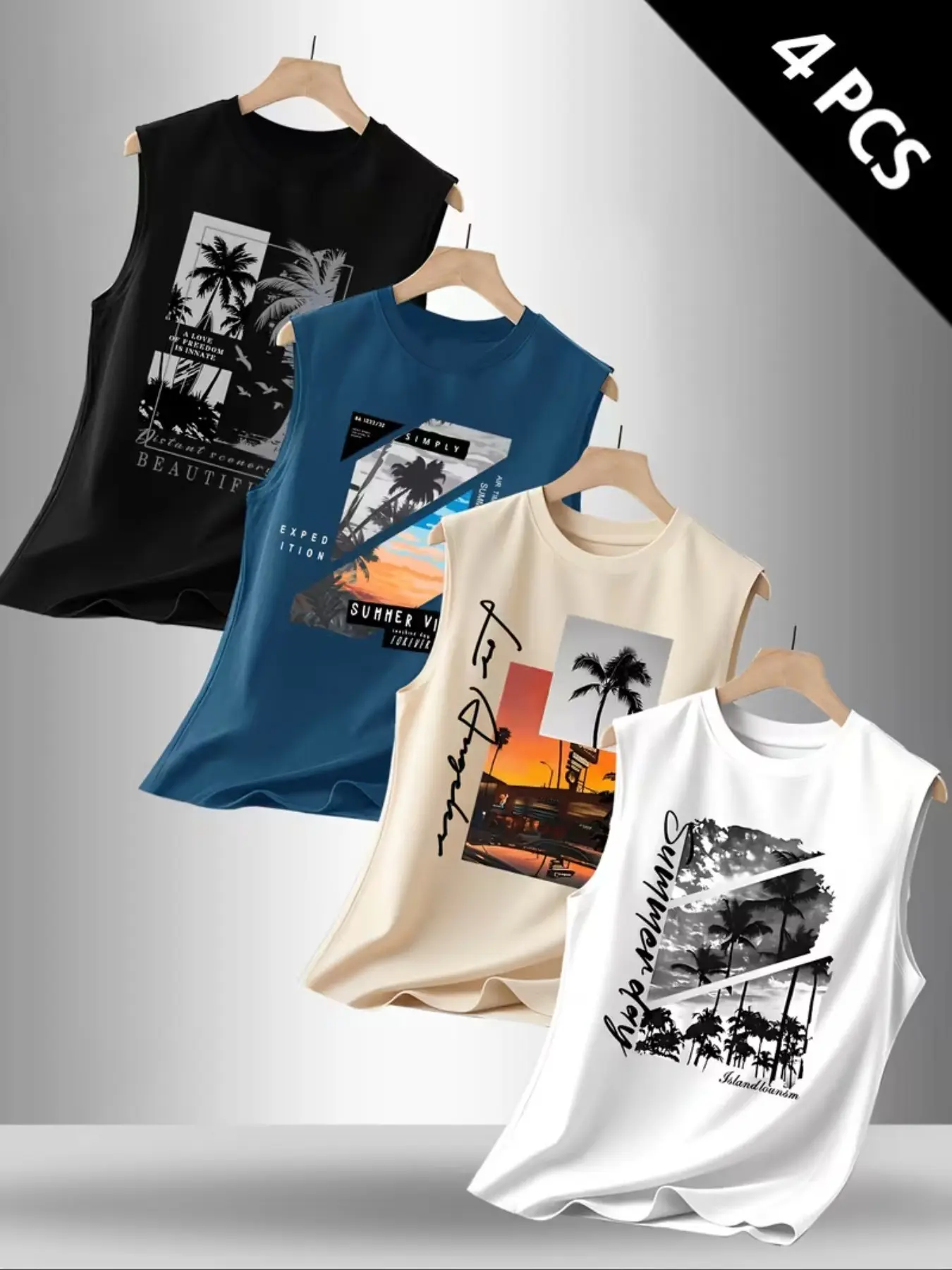 Men's Casual Sporty Vest Set, 4-Piece Summer Sleeveless Sports Tops, Fashionable Round Neck, Comfortable Trendy Design, Perfect for Vacation