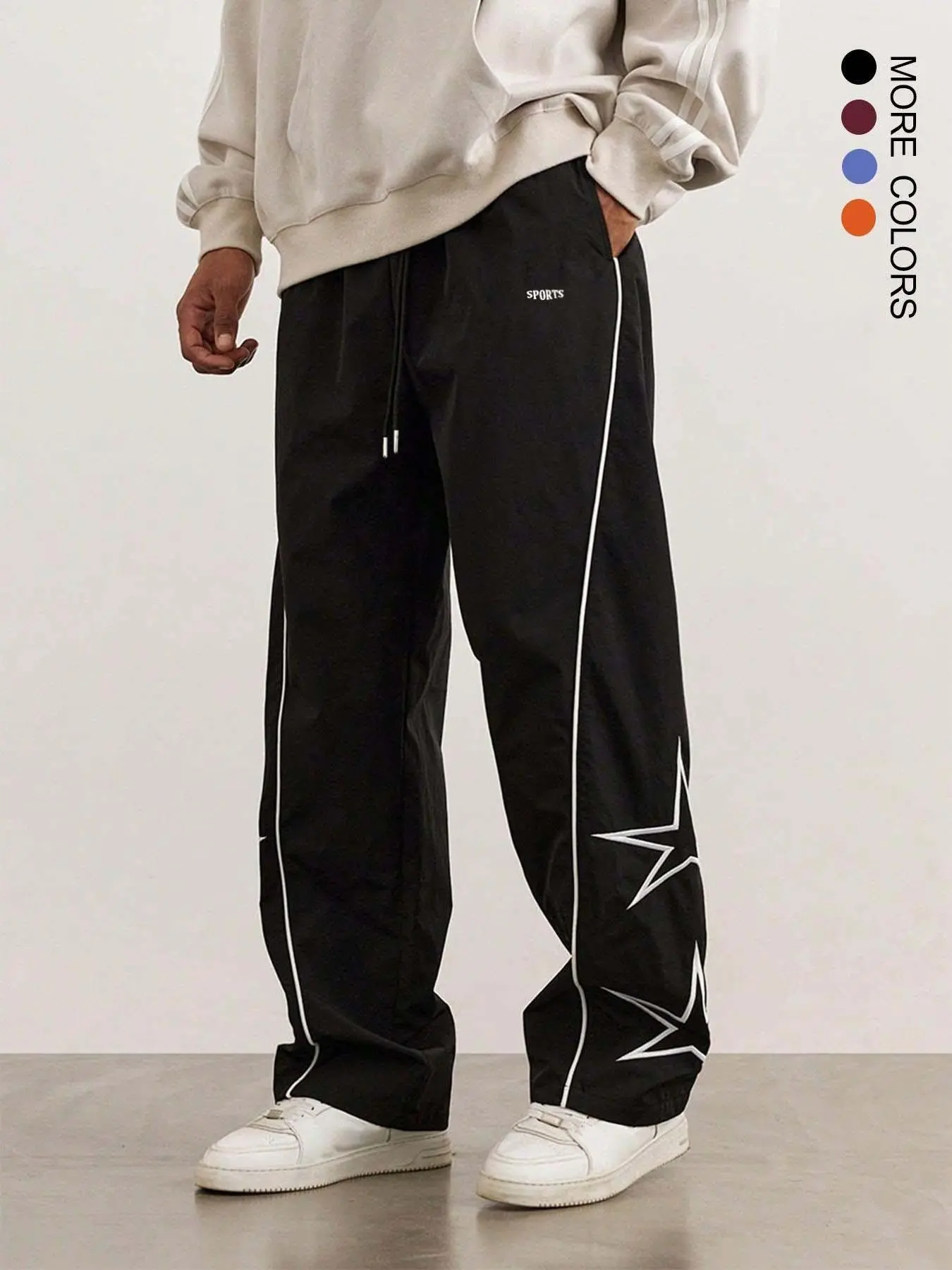 Neutral Style Star Pattern Loose Straight Leg Sports Pants, Athleisure Pants, Unisex Vintage Striped, Comfortable Breathable Design, Daily Wear, Casual Home Use, Athletic Casual Pants, Casual Sports Trousers, Casual Sporty Trousers