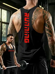 Breathable Comfort Men's Running Tank Top, Running Letter Pattern, Daily Workout Sleeveless T-Shirt, Sporty Fitted Vest