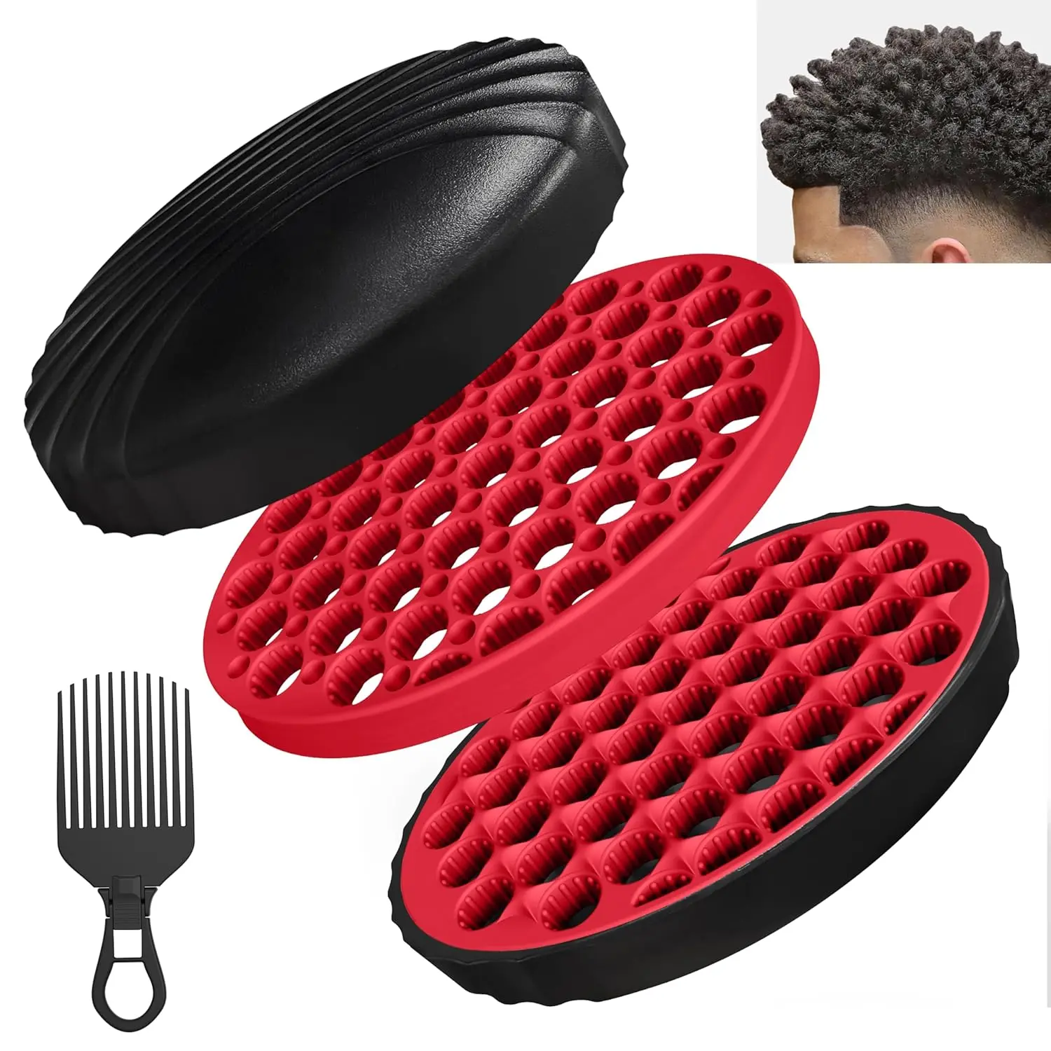 Silicone Curling Brush, Magic Wave Afro Comb, Two-Sided Interchangeable Twist Tool, Hair Curler Brush for Men, Women, Boys, Girls, 2-Piece Set (Red)