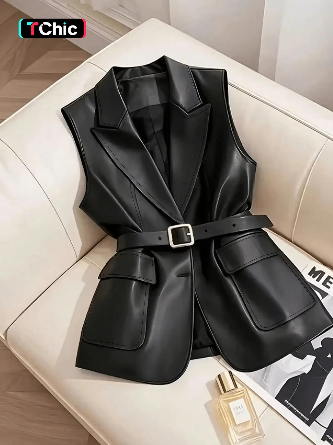 Women's Fitted PU Leather Look Sleeveless Gilet Vests, Collar Waist Slimming Design, Fall Winter Layering Essential, Casual Street Style【No belt included】