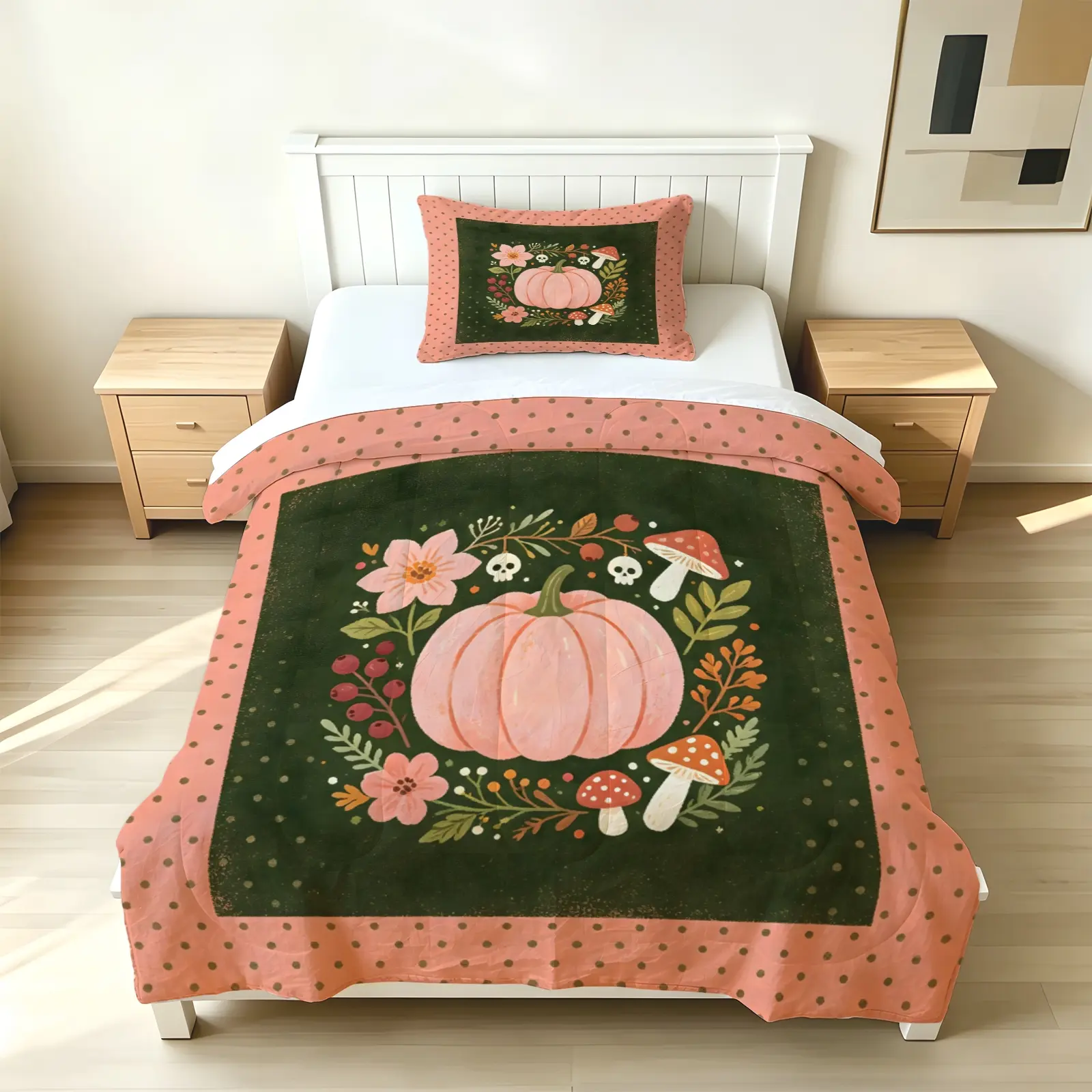 3pcs (1 comforter + 2 pillowcases) Trending Fall Halloween Cottagecore Bedding Set, Pink Pumpkin Mushroom Floral Skull Wreath Print Soft Microfiber Comforter Set, Wrinkle & Fade Resistant, Machine Washable, All Season Cozy, Twin/Full/Queen/King Size