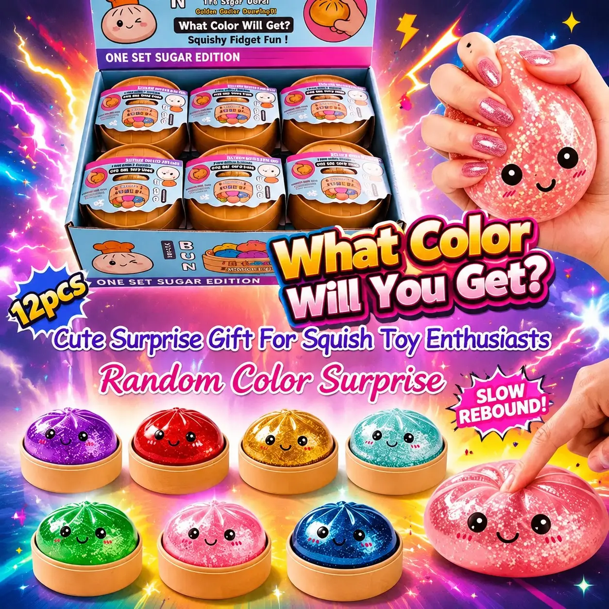 Sparkly Dumpling Bun Surprise Mystery Blind Box Kit, Unique Slow Rebound Squishy Fidget Squeeze Toy Ease Tension, Limited Rare Collectible Box, Portable Office Calming Ornament Holiday Exchange Tabletop Accessory Glitter Squishy
