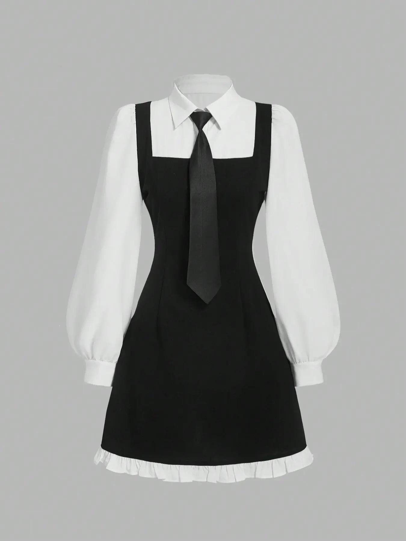 Women's Button Decoration A-line Dress, Casual Bishop Sleeve Dress for Daily Wear, Ladies Clothes for All Seasons, Fitted