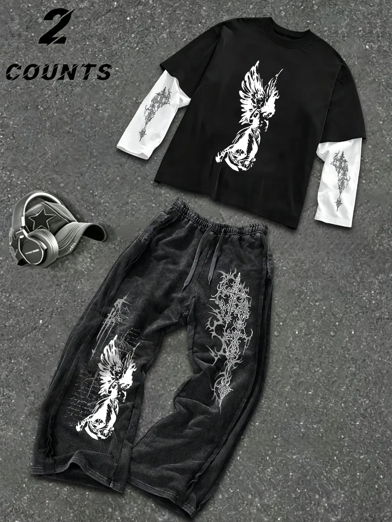 Men's Two-Piece Angel Thorn Cross Print Long Sleeve Top, Vintage Wide Leg Sweatpants Set, American Dark Y2K Gothic Streetwear Style