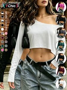 women's solid off shoulder tee, casual loose longsleeves crop top for daily holiday outdoor wear, ladies clothes for all seasons, t shirts for women, go out tops, tops for women, womenswear