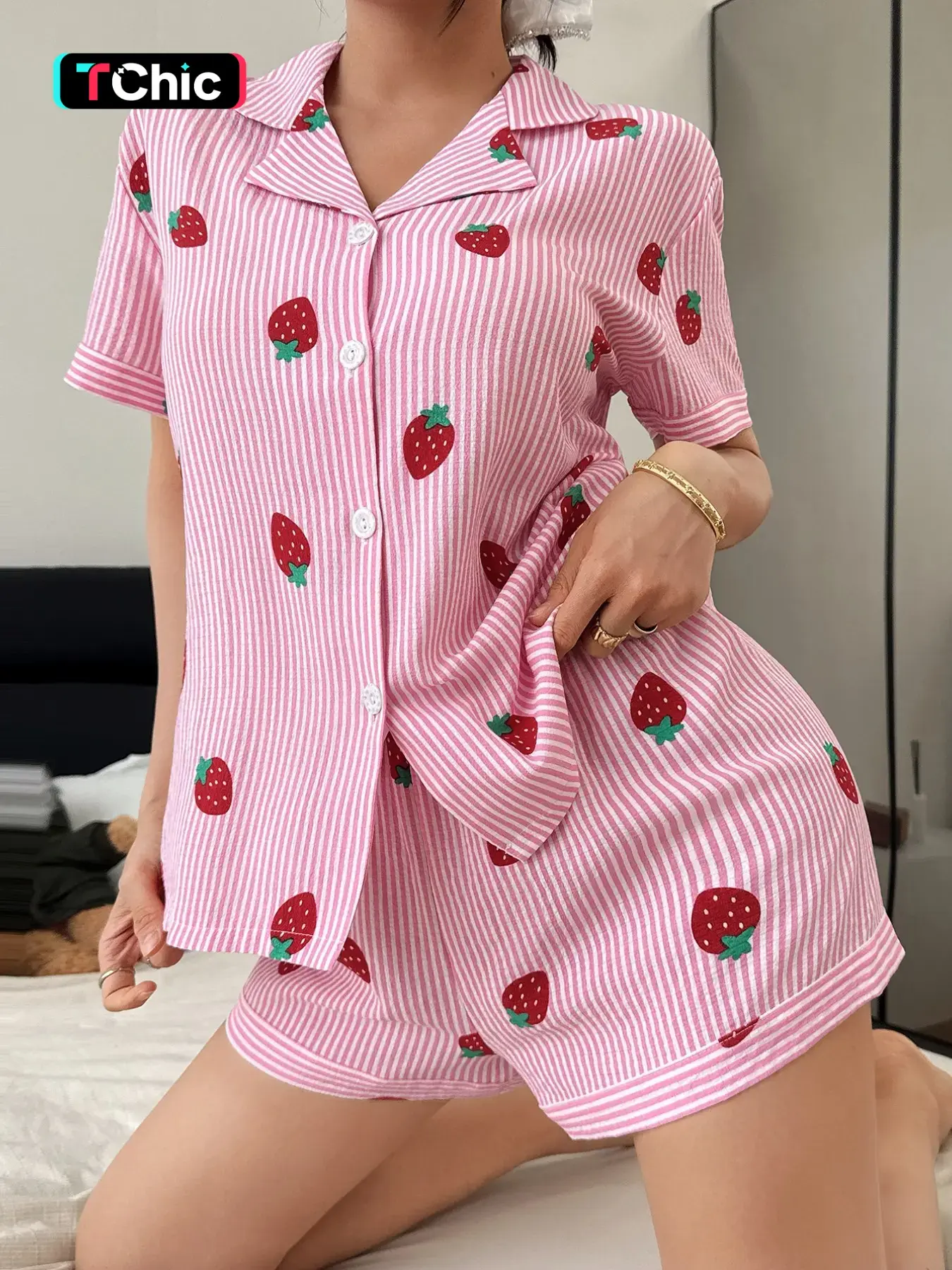 Women's Striped Strawberry Print Pajama Set, Sweet Lapel Short Sleeve Top with Pocket and Bow Shorts, Casual Homewear