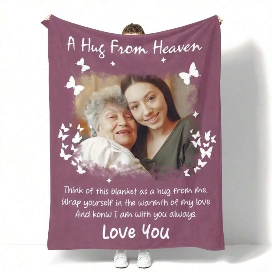 1 Piece Customized 1 Photo 30x40 Wrinkle-Resistant Memorial Flannel Blanket, Soft Warm Throw for Bedroom, Sympathy Gift for Loss of Grandparents, "A Hug From Heaven" Condolence Keepsake with Personalized Butterfly Star Decor