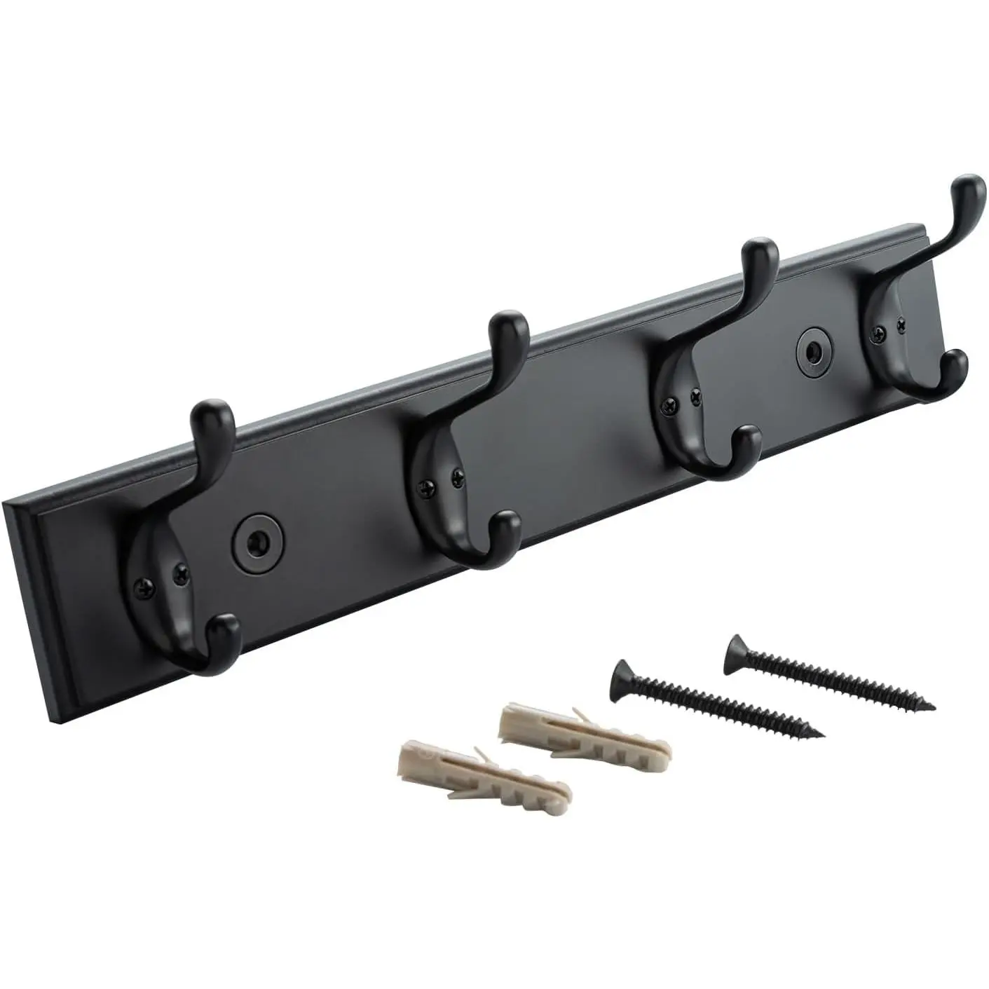Wall Mounted Coat Rack, 16 Inch MDF Board with 4 Double Hooks, Black | 35 Lb Load Capacity,  Alloy Double Hooks Hold Coats, Hats, Towels,  And Bags, Complete  For Easy Setup