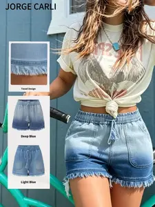 JORGE CARLI  Women's Elastic Waist Summer Cool Shorts, Frayed Edge Design, Fashionable and Versatile, Perfect for Casual Wear