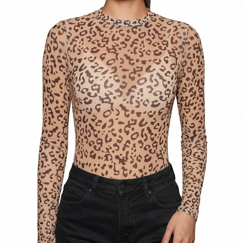 Women's Leopard-Print Sheer Long-Sleeve Top to Pair with Leather Skirts for Parties and Winter Wear