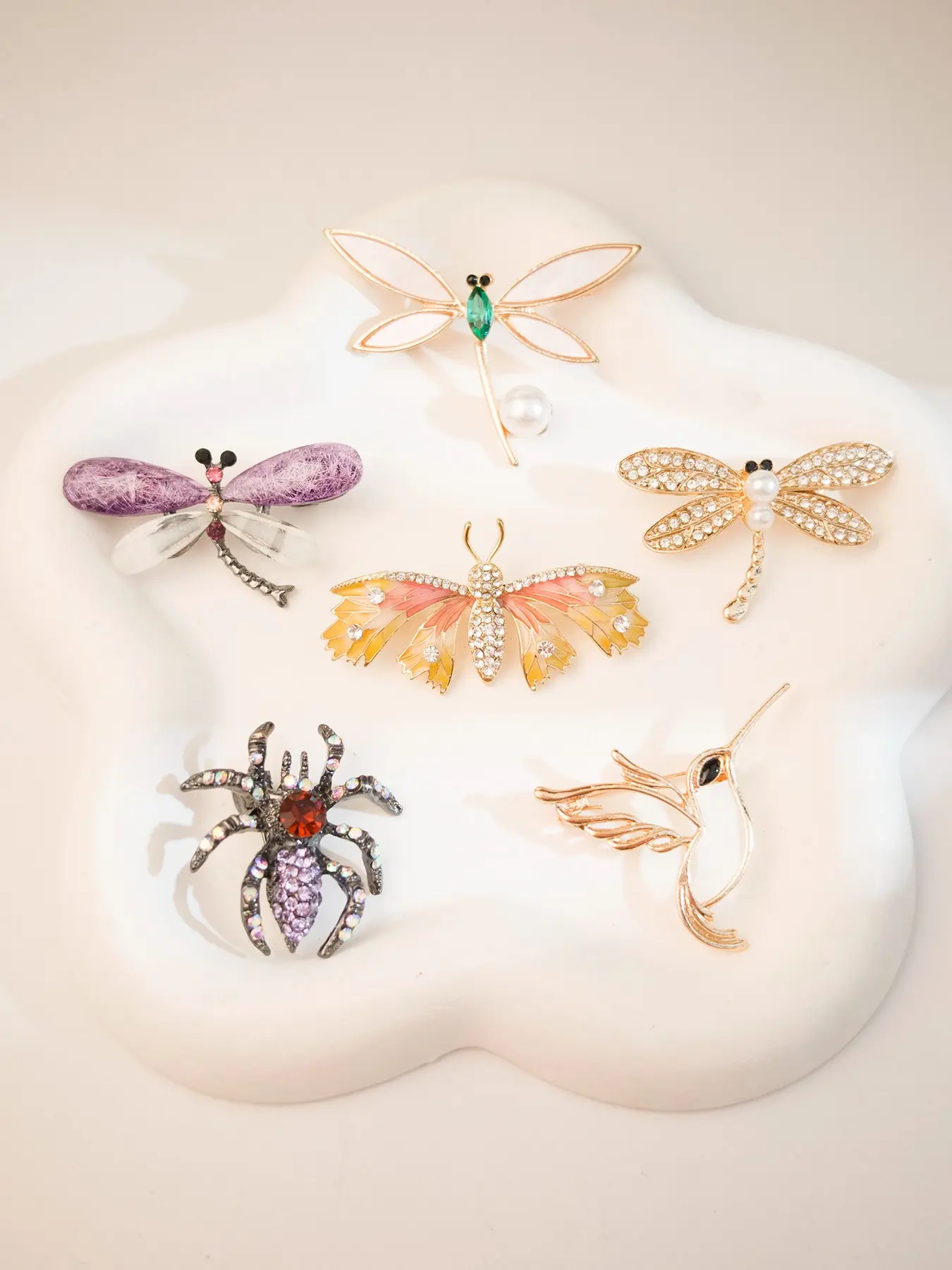 6-Piece Women’s Whimsical Insect Brooch Set - Dragonfly, Butterfly, Spider & Hummingbird Lapel Pins with Enamel, Crystals & Pearls, Elegant & Gothic Fashion Brooches for Bridal, Daily Wear & Themed Events