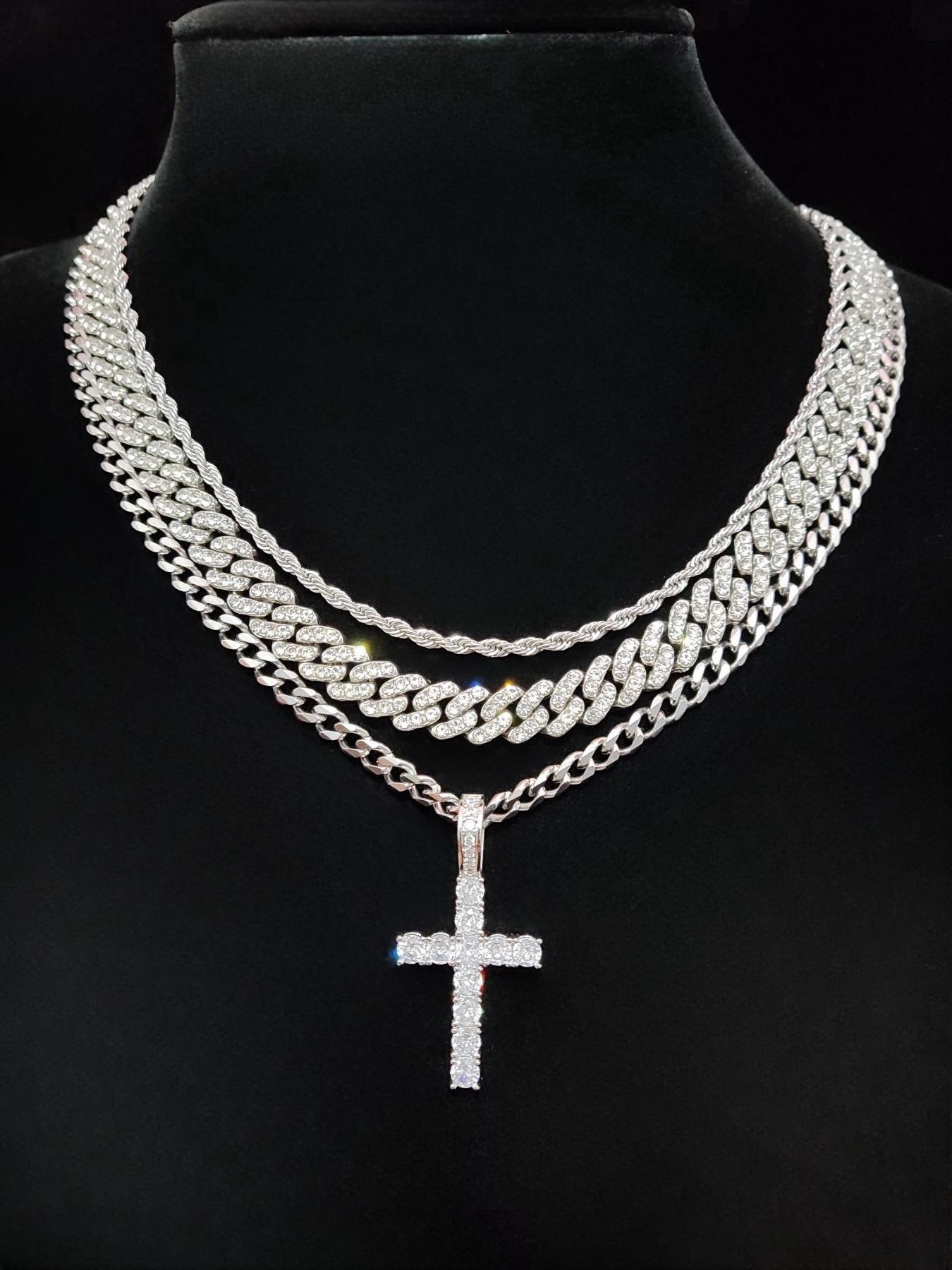 Street Style Artificial Zircon Inlaid Iced Out Cross Pendant & Cuban Chain Necklace, Fashion Jewelry for Party, Daily Clothing Decor, Trendy All-match & Exquisite Jewelry for Birthday Gift