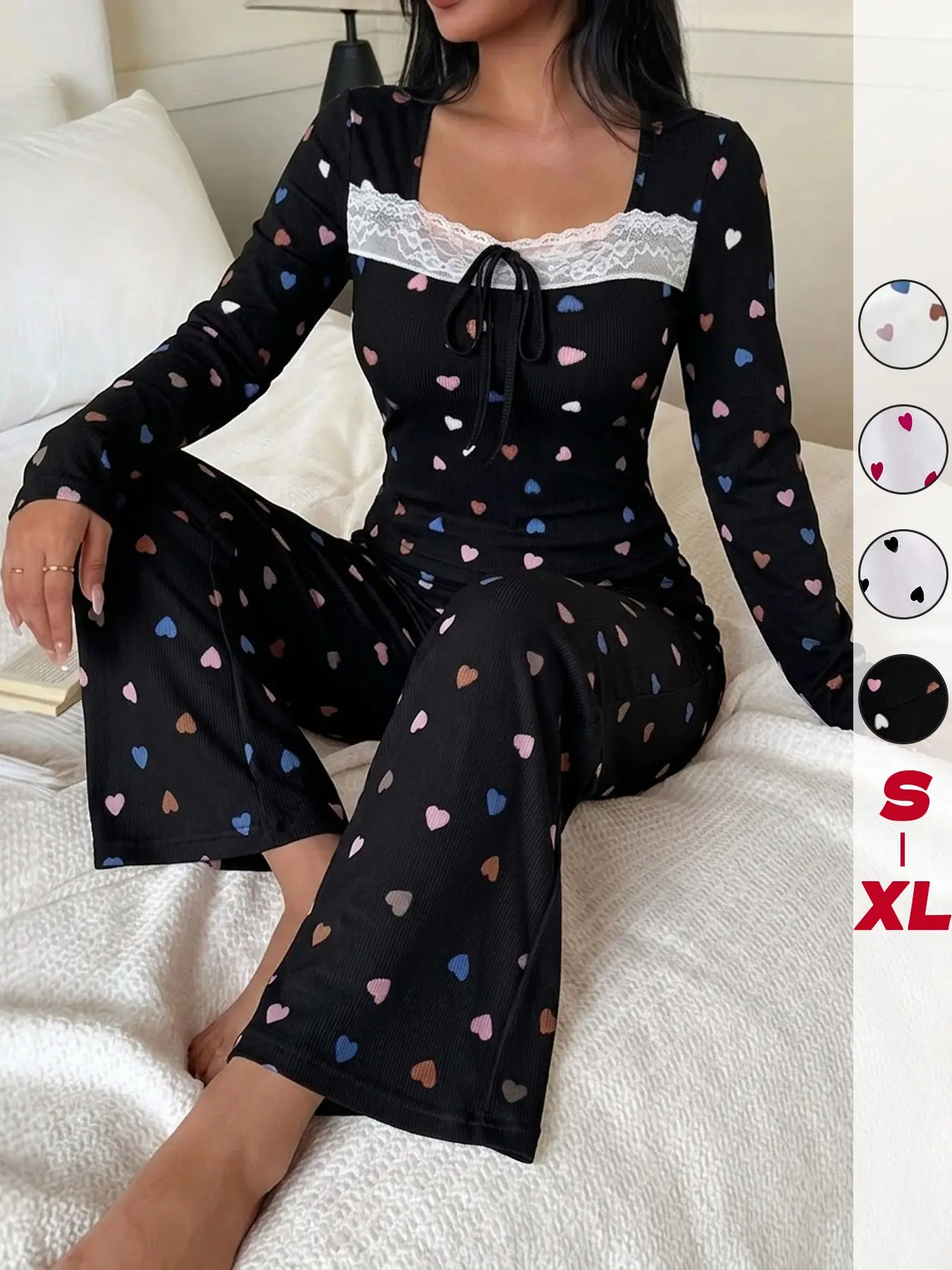 Two-piece heart-print pajama set featuring a long-sleeve, fitted top and pants, Y2K style, suitable for all seasons, available in a variety of colors, for stylish nighttime wear