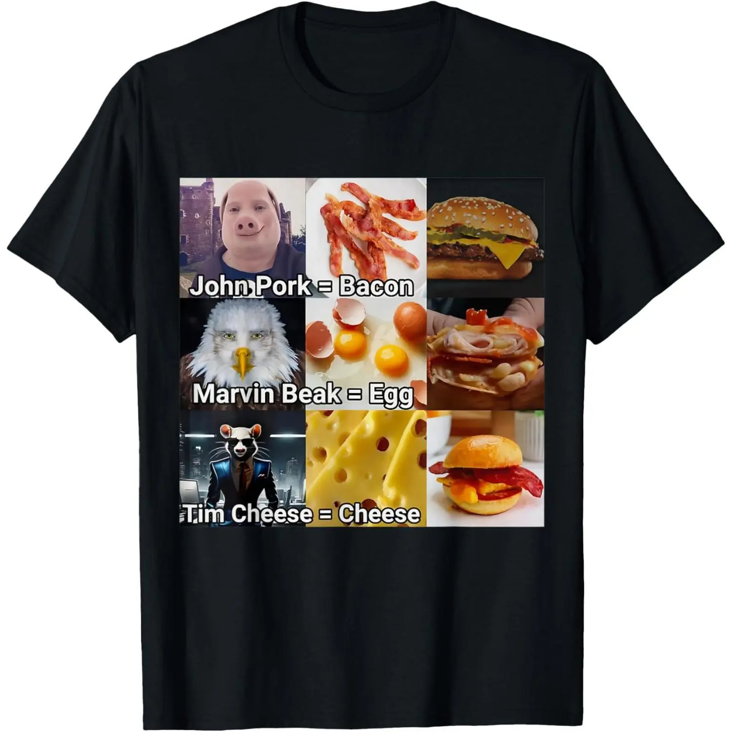 Men's Classic Relaxed Fit Cotton Breathable Shortsleeve T-Shirt Tops - John Pork, Marvin Beak, Tim Cheese Funny Bacon Egg Cheese Graphic Design
