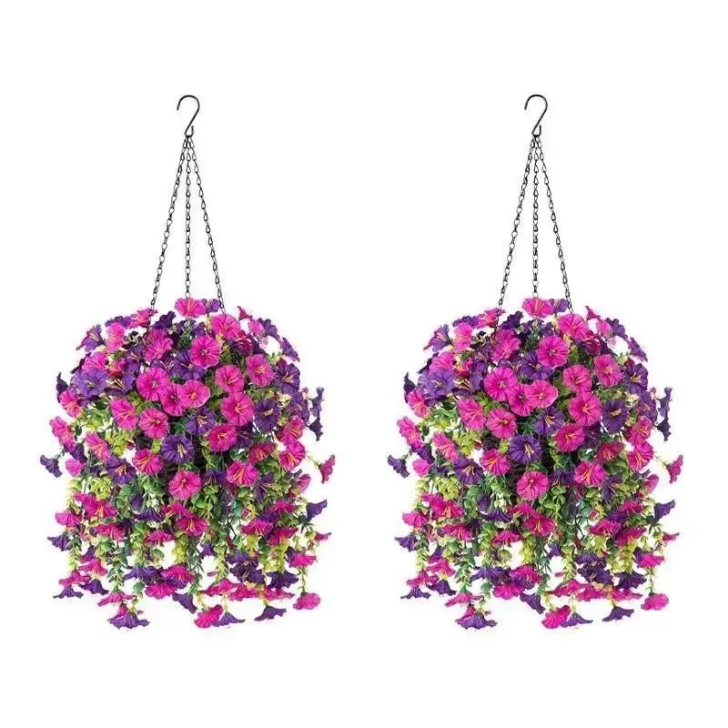 Artificial flowers with hanging flower baskets, outdoor synthetic plants in silk petunia vines, fake green plants for garden terraces in spring and summer decoration, Lifelike