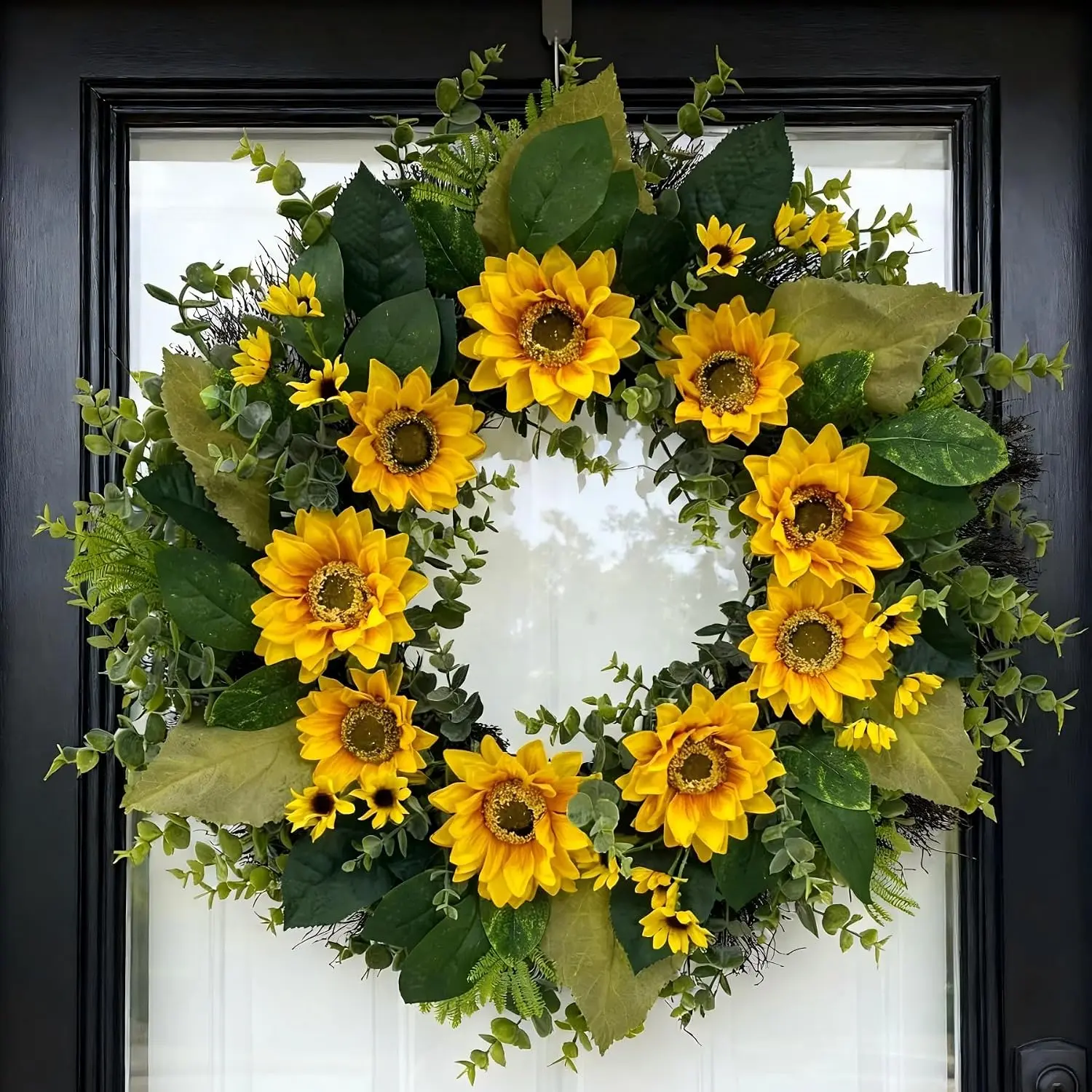 24" Sunflower Wreath with Eucalyptus, Modern Farmhouse Summer Fall Floral Wreath for Front Door, Yellow Sunflowers Dense Boxwood Greenery Decor for Outdoor Porch Wall