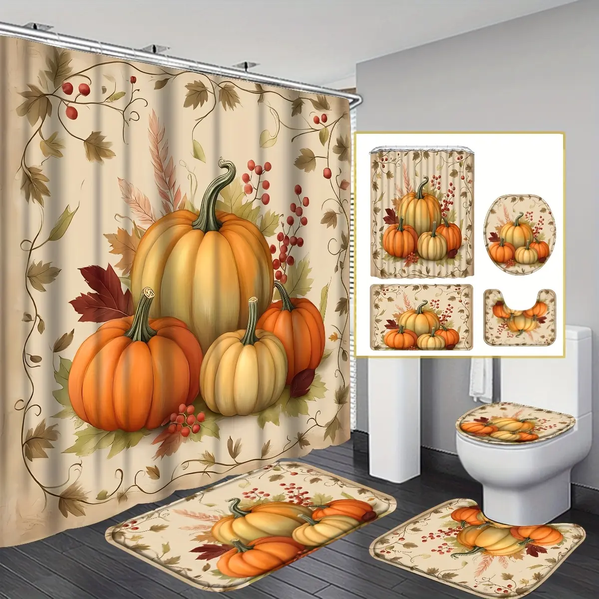 4pcs Thanksgiving Pumpkins Shower Curtain Set Fall Decor Bathroom Curtain Set with 12 Hooks Included Non-Slip Bathroom Rug Toilet U-Shape Mat Toilet Lid Cover Bathroom Accessories Ideal for Thanksgiving & Housewarming Gift