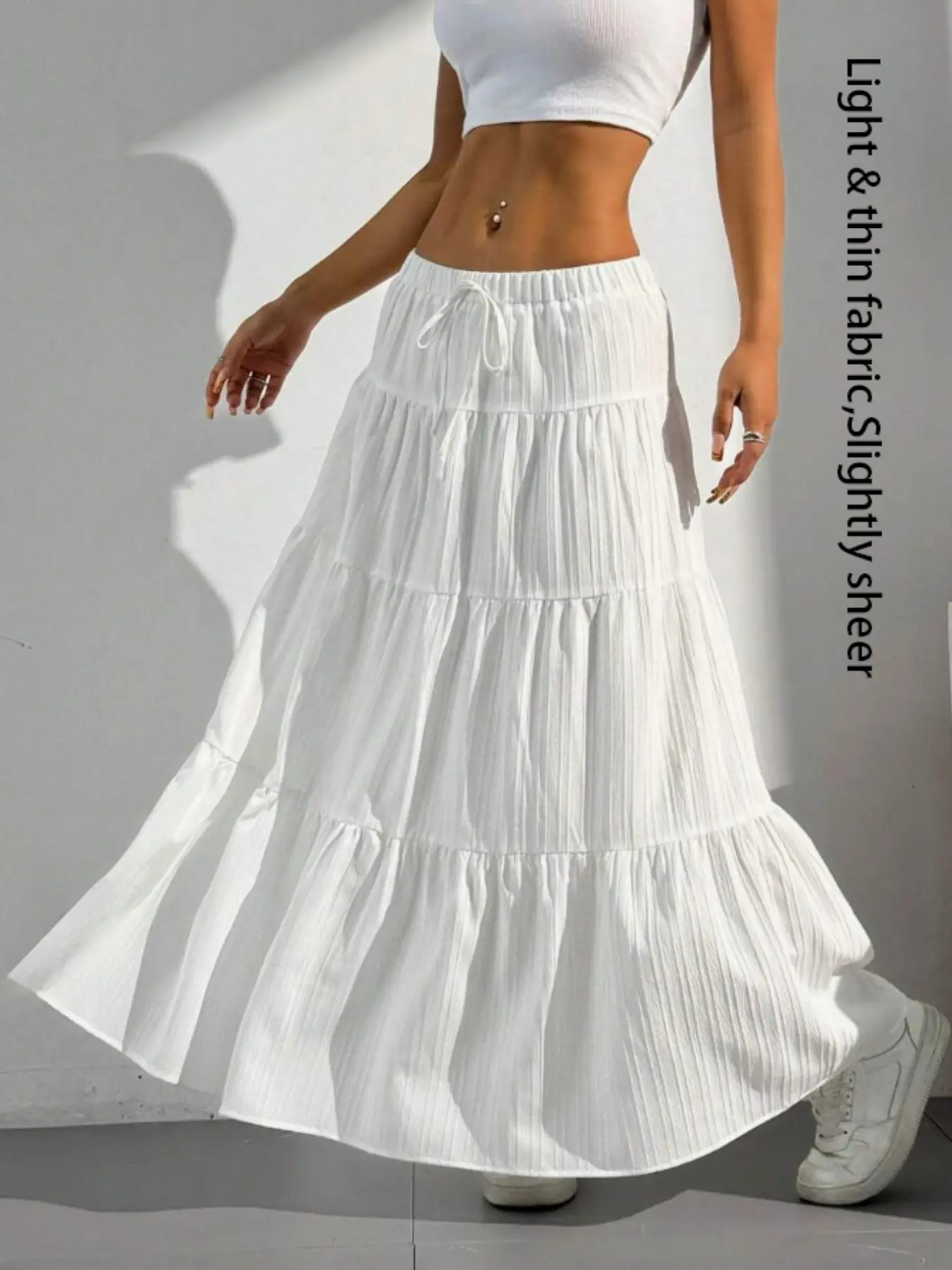 Women's Plain Color Decorative Tie Waist Ruffle Hem Half Skirt, Long Loose-Fitting Cake Skirt, Sweet Style, Unlined, Batch Number 18002