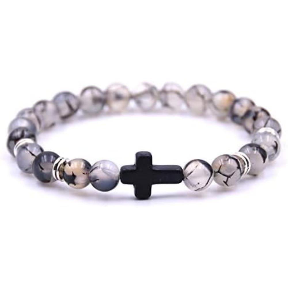 Elegant Cross Beads Bracelet Set 4/6/9 pcs for Men Women Adjustable 8mm Natural Lava Stone Beads Anti-Allergy Stainless Steel Cross Cuff Charm Bracelets Unisex Beauty & Personal Care All Skin Types