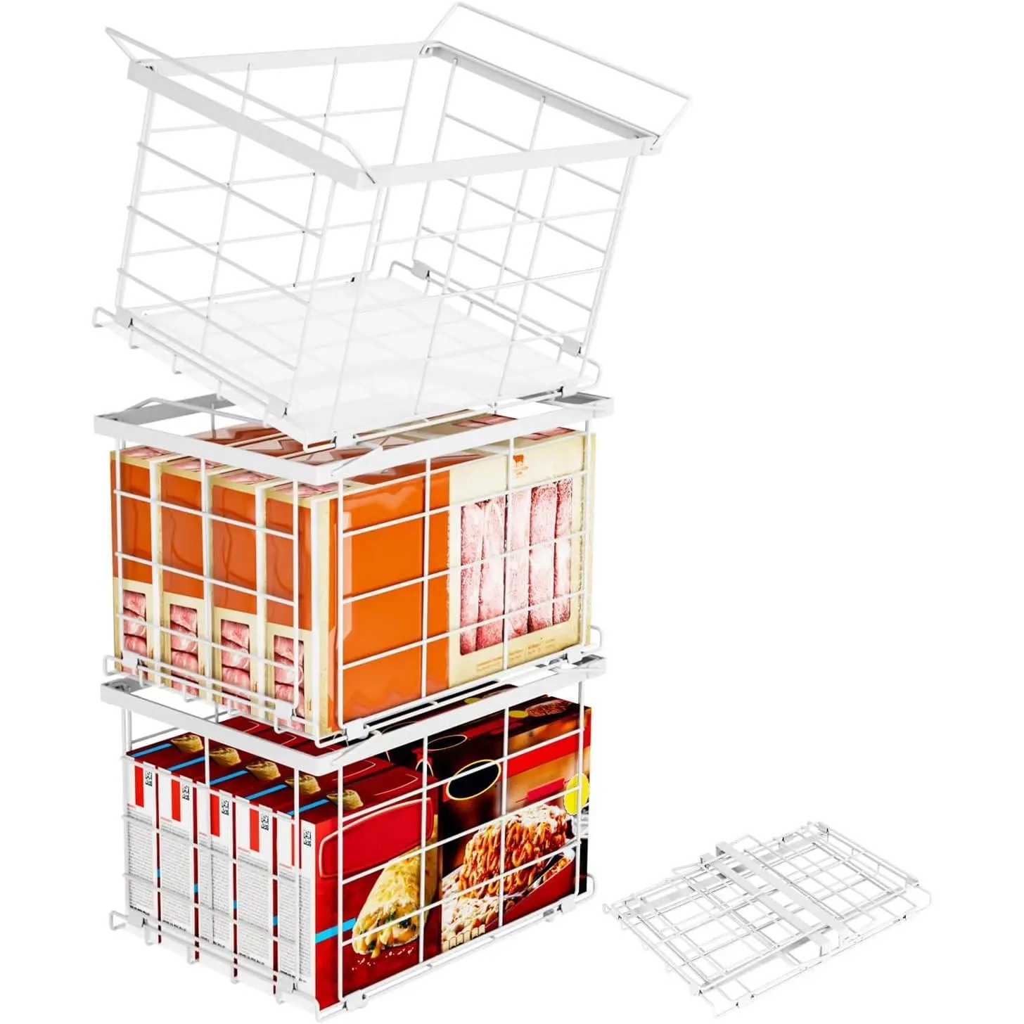 Freezer Organizer Bins, Upgrade Quick Expand/Collapse Feature, for 3.5 Cu.Ft Deep Freezer, 3 Pack Stackable Deep Freezer Organizer Bins, Black Wire Foldable Baskets with Handles (White 3 Pack)