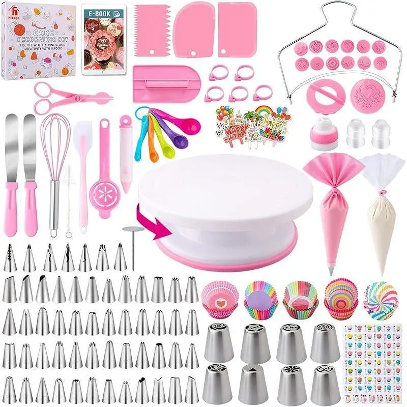 356Pcs Birthday Cake Decorating Kit 360 Degree Rotatable Turntable Muffin Liners Cookie Cutters Cream Shaping Tools