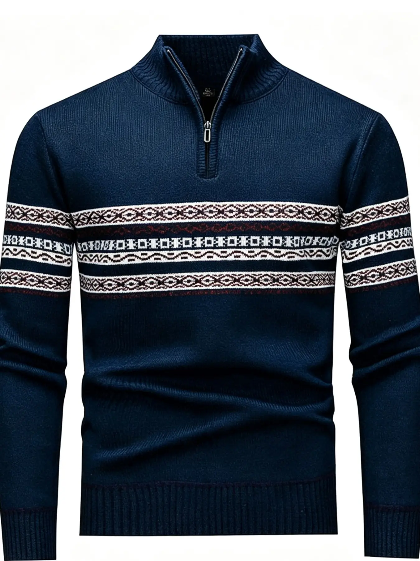 Men's Half-Zip Fleece Sweater, Vintage Fair Isle Geometric Jacquard Colorblock Knit Pullover, Thick Warm Stand Collar Striped Knit Top