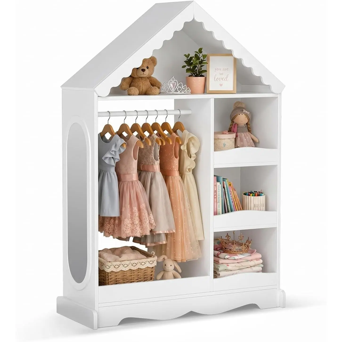 VOWNER Wood Pulp Fiber Kid's Wardrobe Closet - White, T-Shape Frame, Slim Footprint, Mirror, Storage Shelves, Anti-Tip Device, Side Hooks