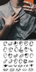 Vintage Silver Knuckle Ring Set, 42 Count Gothic Boho Adjustable Rings with Snake Skull Heart Designs, Y2K Punk Stackable Midi Rings for Women and Men Vintage Silver Knuckle Ring Set, 42 Count Gothic Boho Adjustable Rings with Snake Skull Heart Designs, Y2K Punk Stackable Midi Rings for Women and Men