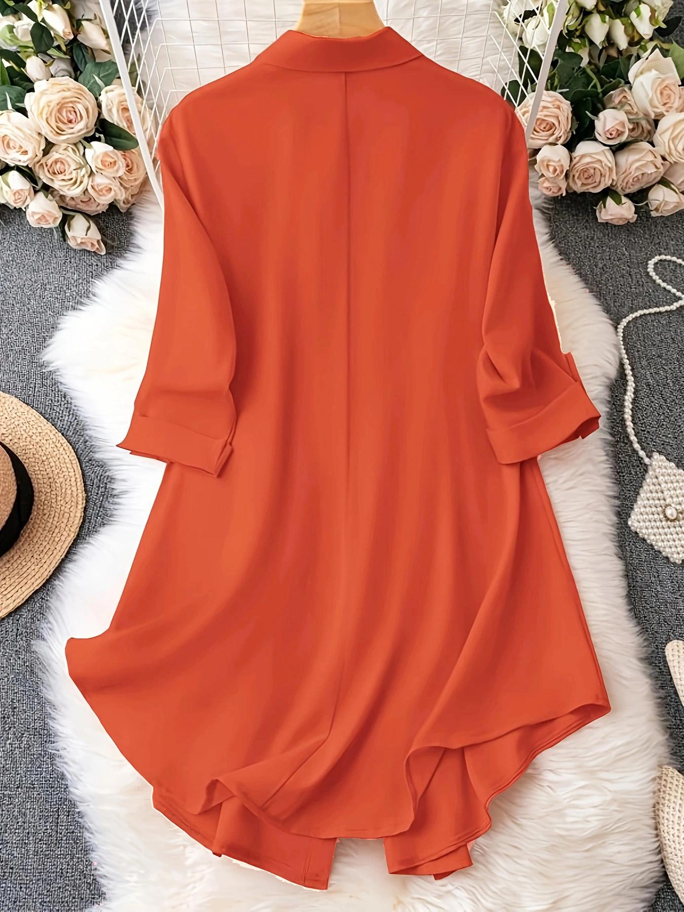 Plus-Size Solid Long Sleeve Button Front Shirt, Casual Collared Top for Spring & Fall, Women's Clothes for Daily Wear