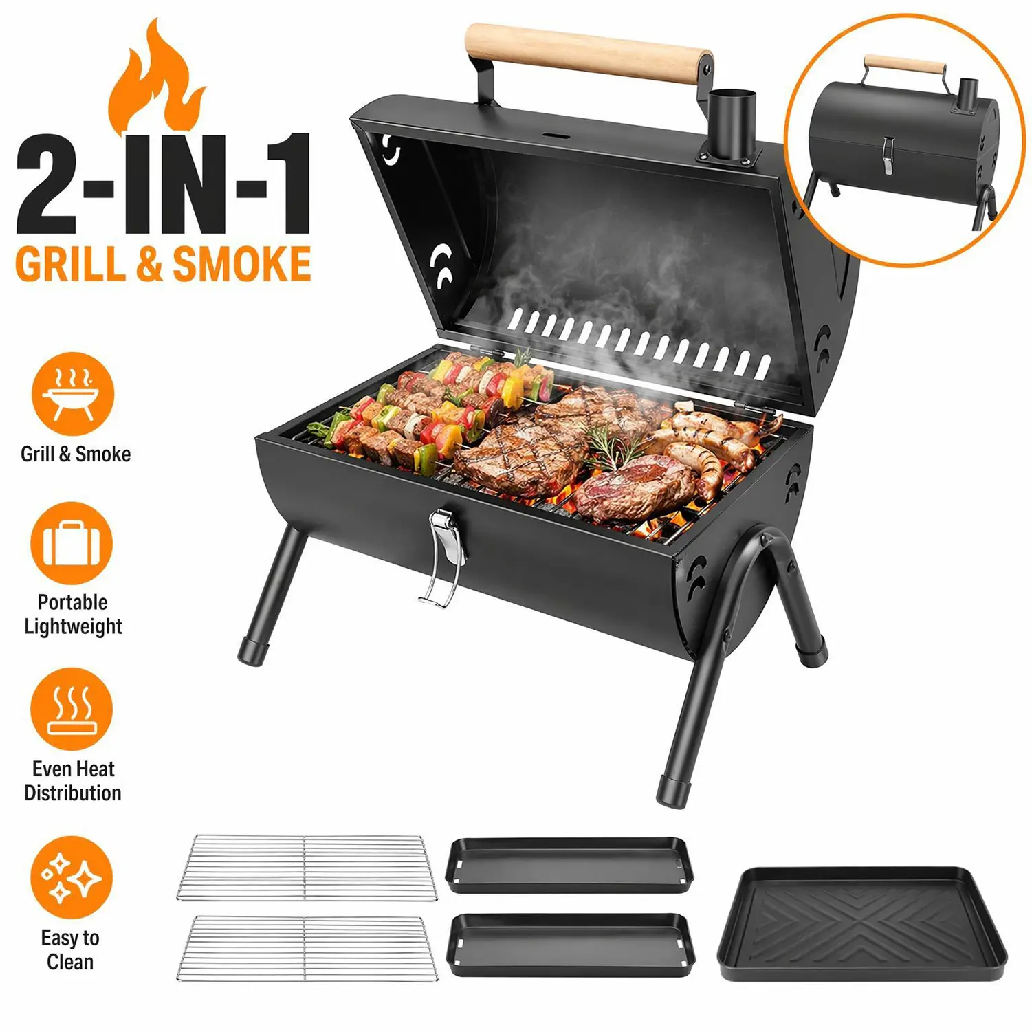 Compact Foldable Barbecue Grill - 2-in-1 Portable Charcoal Grill with Windproof Smoker, Griddle Plate, Stainless Steel Grate, Easy Setup & Cleanup, Built to Last for Picnic, Beach, Tailgating, 2-In-1 Versatility
