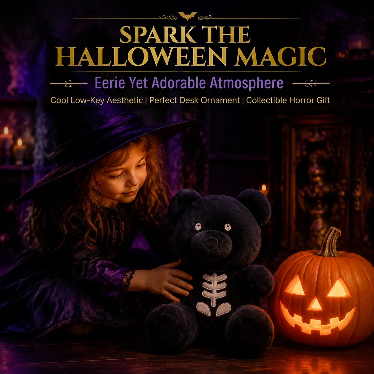 Gothic Halloween Black Skeleton Teddy Bear - 16 Inches PP Cotton Fabric Stuffed Toy with White Rib Embroidery, Tight Lock Stitching for All Rib Bone Embroidery, Double Reinforced Lock Stitching, Fluffy Desk Ornament for Horror Fans