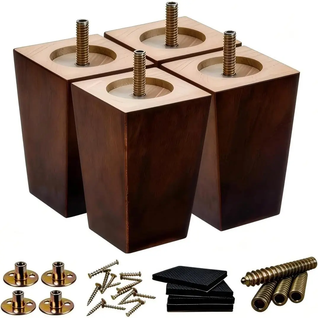SHANJUE 5 Inch Square Wood Couch Legs 4PCS, 1500LBS Heavy Duty Replacement Sofa Legs Fit for Chair Dresser Cabinet Bed, Equipped with M8 & 5/16 Hanger Bolts, Enough Clearance for Robot Vacuum